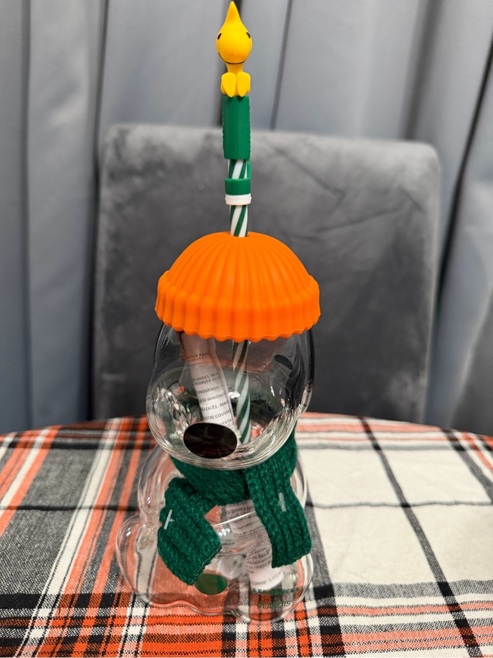 Starbucks Clear Snowman Cup with Orange Hat and Green Scarf